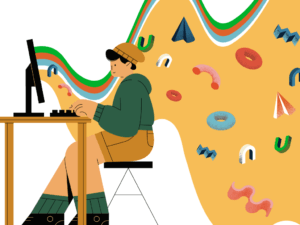 Character Illustration of a person sitting in front of a computer with colourful icons popping out