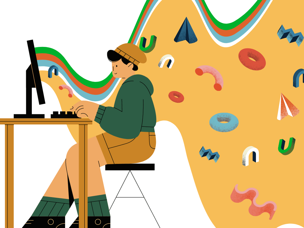 Character Illustration of a person sitting in front of a computer with colourful icons popping out